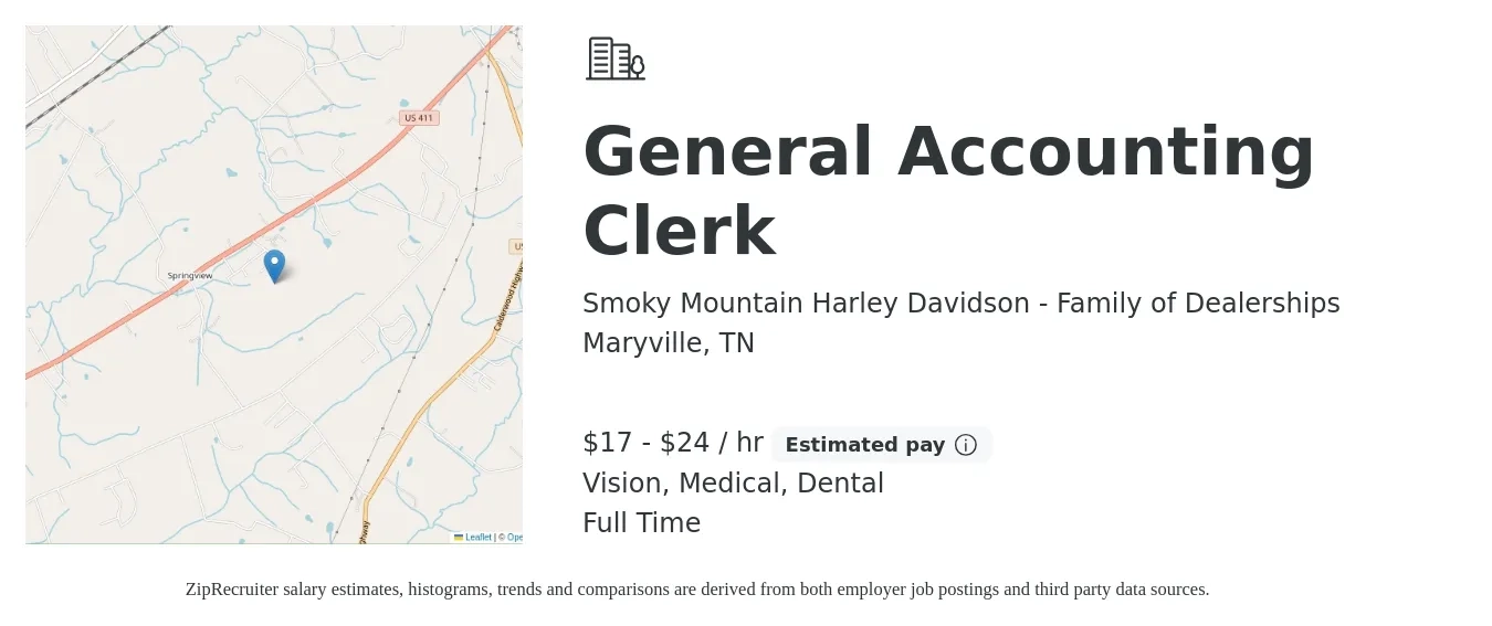 Smoky Mountain Harley Davidson - Family of Dealerships job posting for a General Accounting Clerk in Maryville, TN with a salary of $18 to $25 Hourly and benefits including pto, retirement, vision, dental, life_insurance, and medical with a map of Maryville location.
