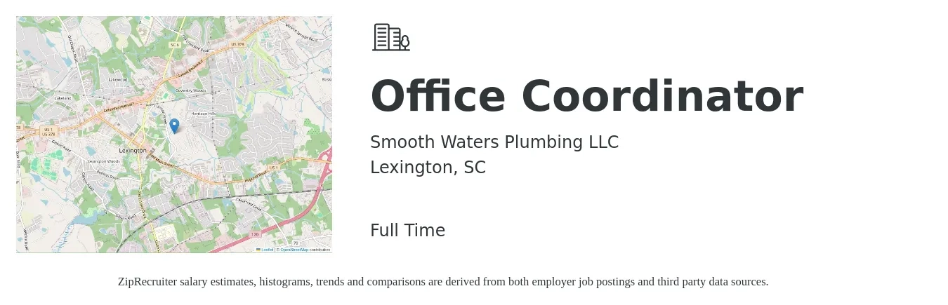 Smooth Waters Plumbing LLC job posting for a Office Coordinator in Lexington, SC with a salary of $16 to $20 Hourly with a map of Lexington location.
