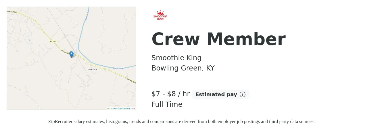 Smoothie King job posting for a Crew Member in Bowling Green, KY with a salary of $8 to $9 Hourly with a map of Bowling Green location.