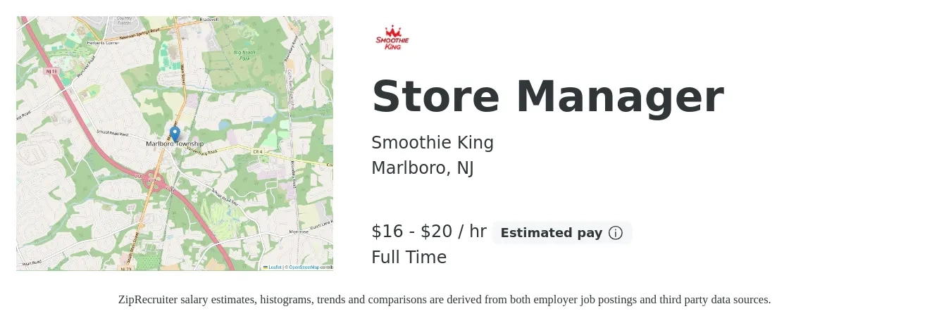 Smoothie King job posting for a Store Manager in Marlboro, NJ with a salary of $17 to $21 Hourly with a map of Marlboro location.