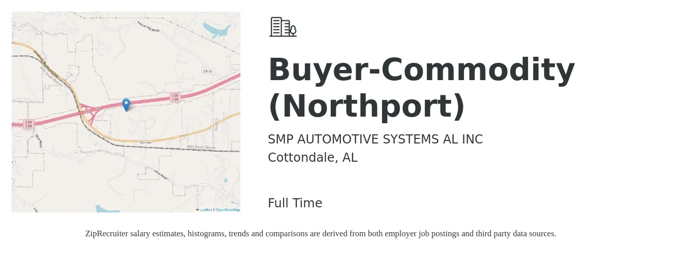 SMP AUTOMOTIVE SYSTEMS AL INC job posting for a Buyer-Commodity (Northport) in Cottondale, AL with a salary of $61,900 to $80,400 Yearly with a map of Cottondale location.