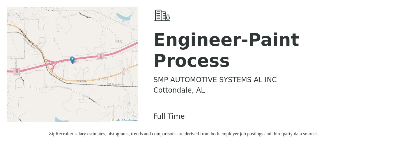 SMP AUTOMOTIVE SYSTEMS AL INC job posting for a Engineer-Paint Process in Cottondale, AL with a salary of $34 to $42 Hourly with a map of Cottondale location.