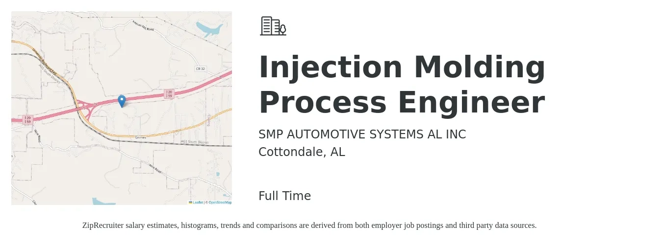 SMP AUTOMOTIVE SYSTEMS AL INC job posting for a Injection Molding Process Engineer in Cottondale, AL with a salary of $71,100 to $92,400 Yearly with a map of Cottondale location.
