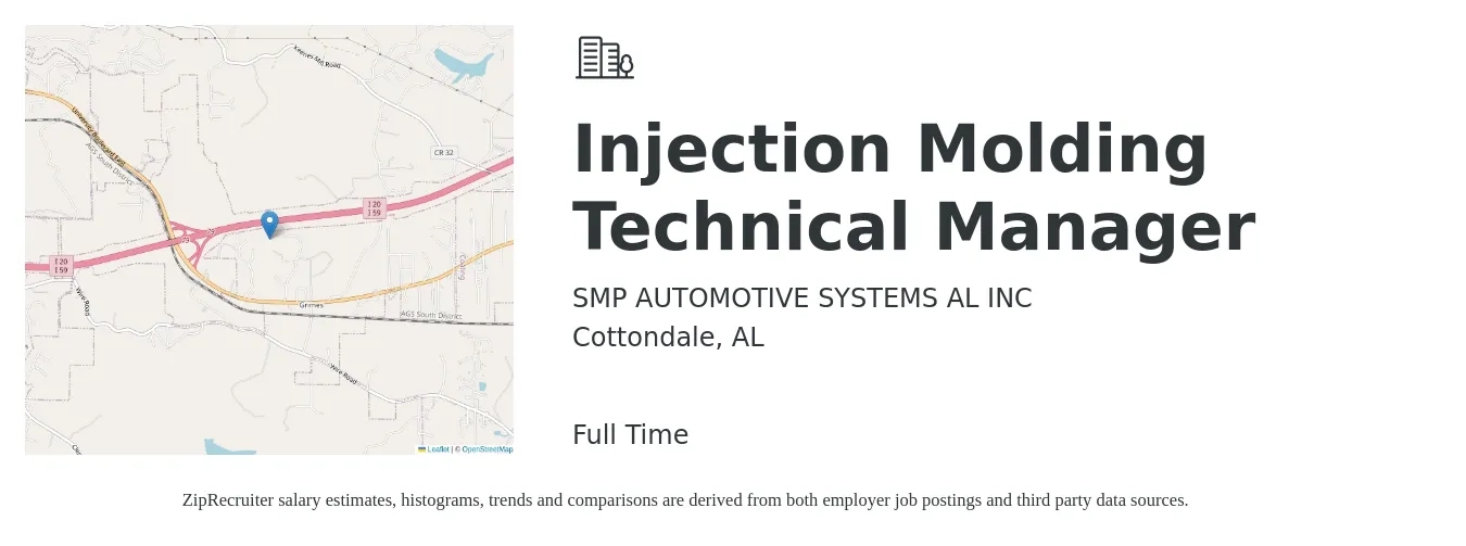 SMP AUTOMOTIVE SYSTEMS AL INC job posting for a Injection Molding Technical Manager in Cottondale, AL with a salary of $103,000 to $160,000 Yearly with a map of Cottondale location.