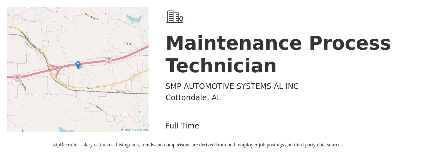 SMP AUTOMOTIVE SYSTEMS AL INC job posting for a Maintenance Process Technician in Cottondale, AL with a salary of $17 to $24 Hourly with a map of Cottondale location.