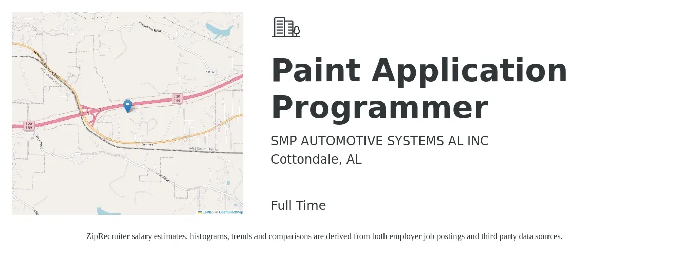 SMP AUTOMOTIVE SYSTEMS AL INC job posting for a Paint Application Programmer in Cottondale, AL with a salary of $55,200 to $102,500 Yearly with a map of Cottondale location.