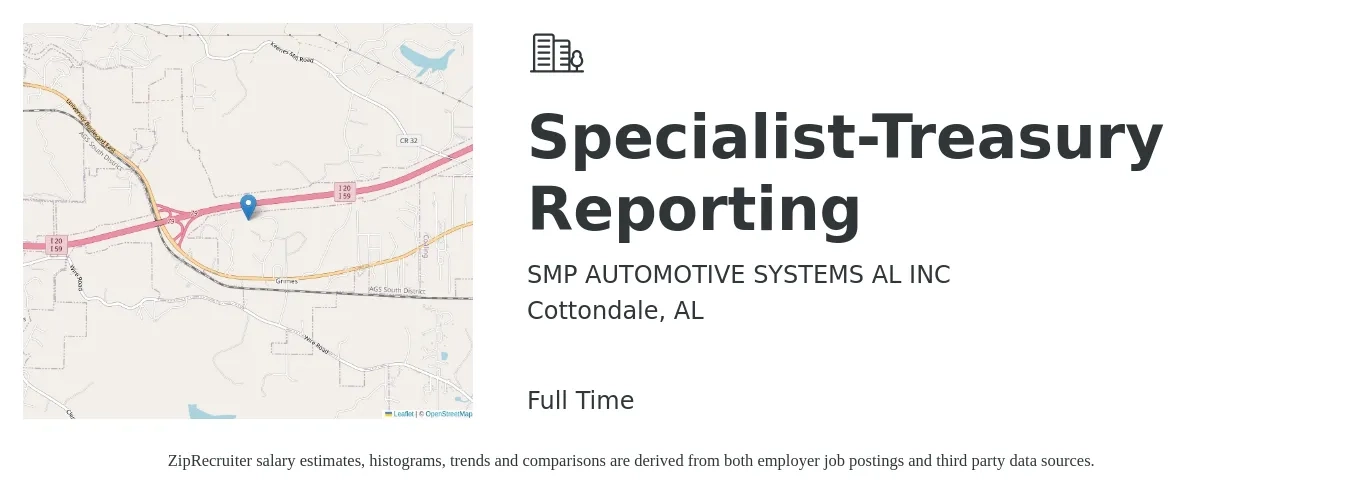 SMP AUTOMOTIVE SYSTEMS AL INC job posting for a Specialist-Treasury Reporting in Cottondale, AL with a salary of $53,000 to $87,500 Yearly with a map of Cottondale location.