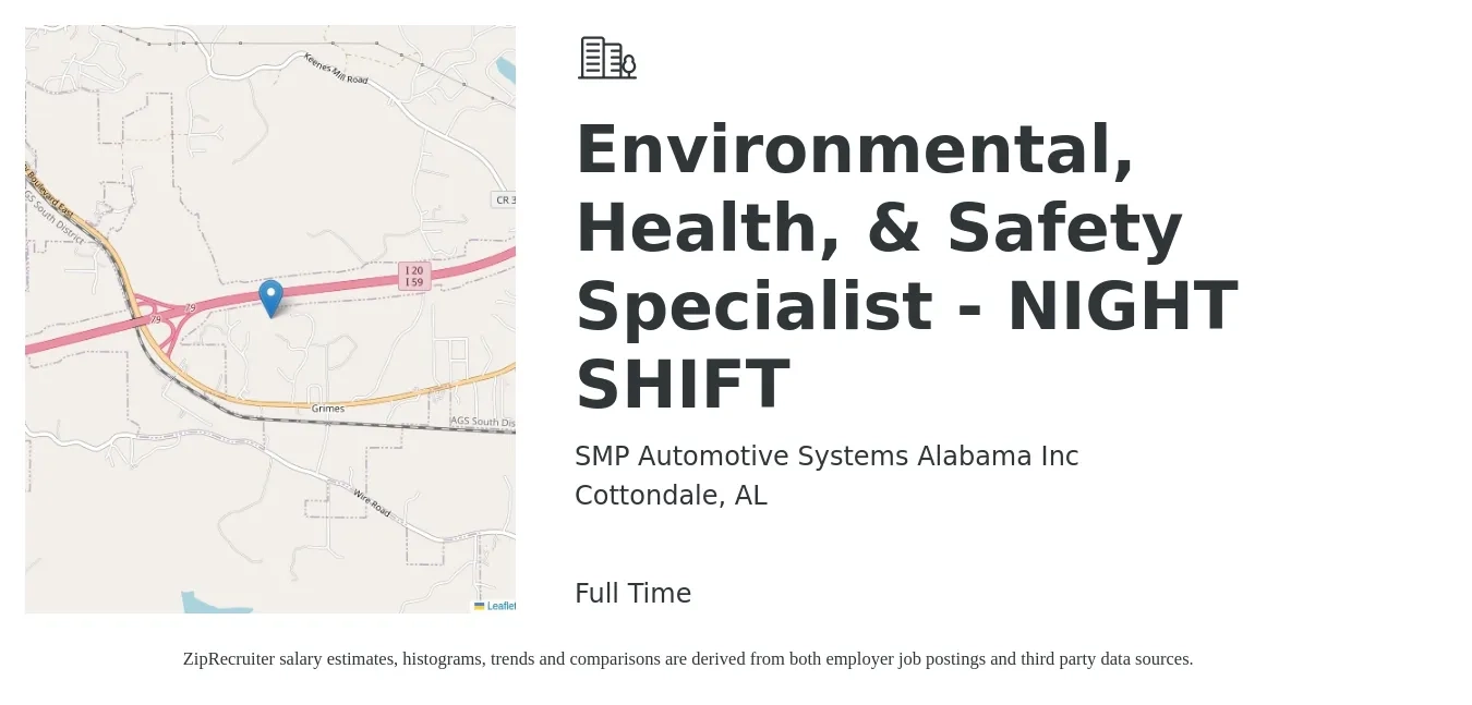 SMP Automotive Systems Alabama Inc job posting for a Environmental, Health, & Safety Specialist - NIGHT SHIFT in Cottondale, AL with a salary of $55,700 to $79,500 Yearly with a map of Cottondale location.