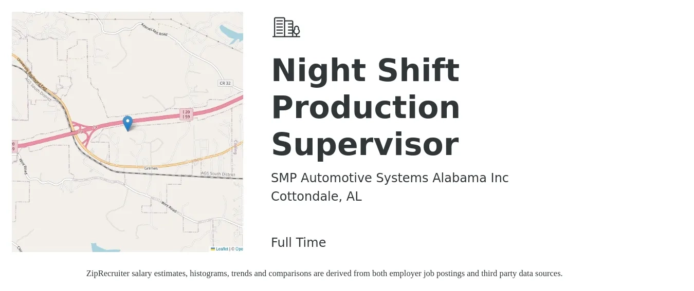 SMP Automotive Systems Alabama Inc job posting for a Night Shift Production Supervisor in Cottondale, AL with a salary of $49,500 to $71,100 Yearly with a map of Cottondale location.
