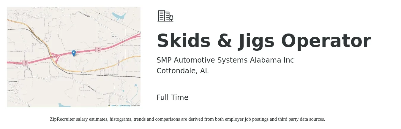 SMP Automotive Systems Alabama Inc job posting for a Skids & Jigs Operator in Cottondale, AL with a salary of $13 to $18 Hourly with a map of Cottondale location.