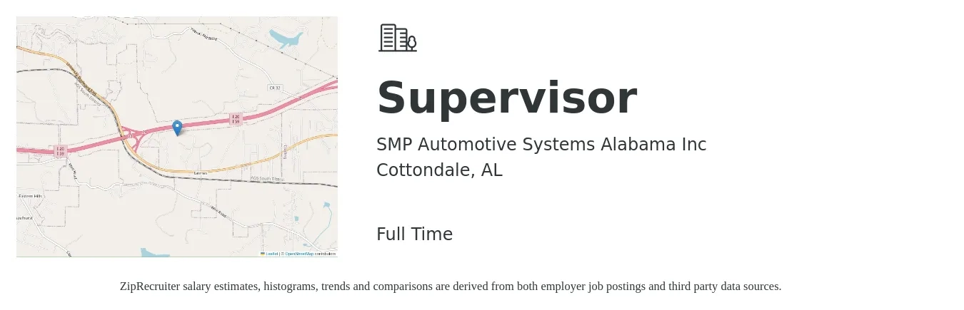 SMP Automotive Systems Alabama Inc job posting for a Supervisor in Cottondale, AL with a salary of $49,500 to $71,100 Yearly with a map of Cottondale location.