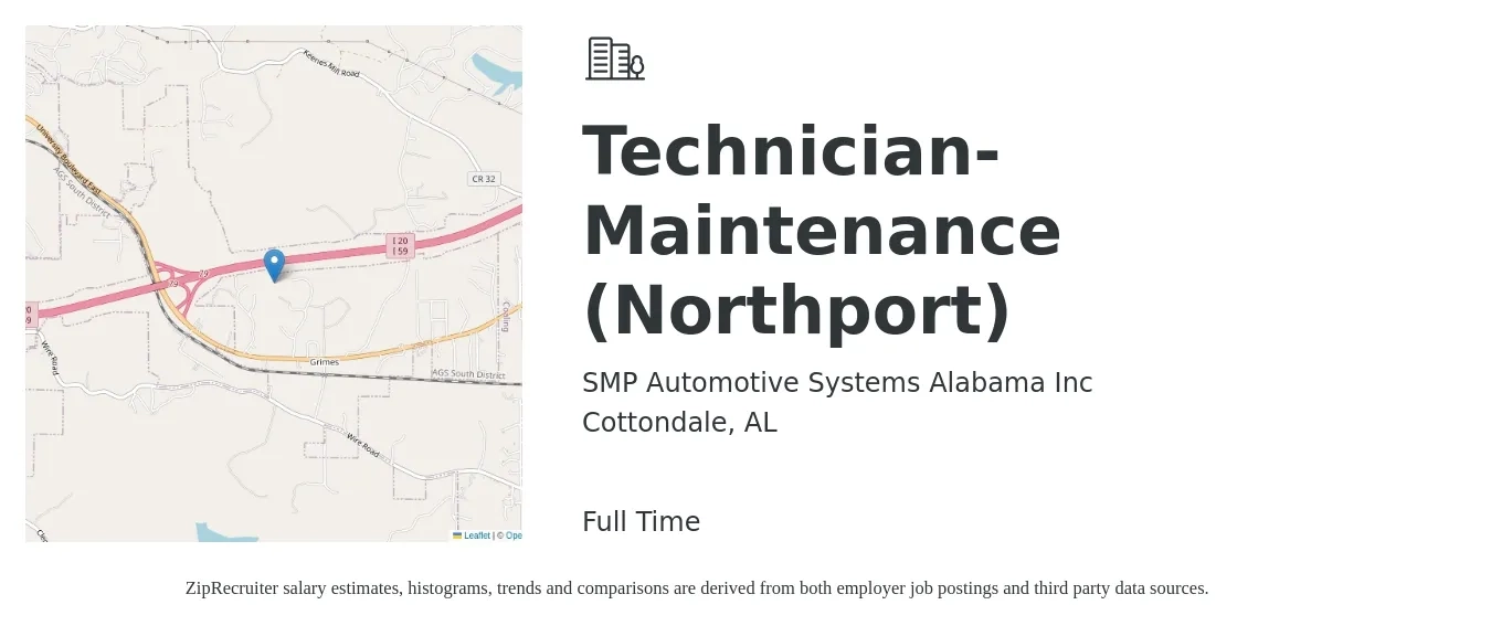 SMP Automotive Systems Alabama Inc job posting for a Technician-Maintenance (Northport) in Cottondale, AL with a salary of $17 to $24 Hourly with a map of Cottondale location.