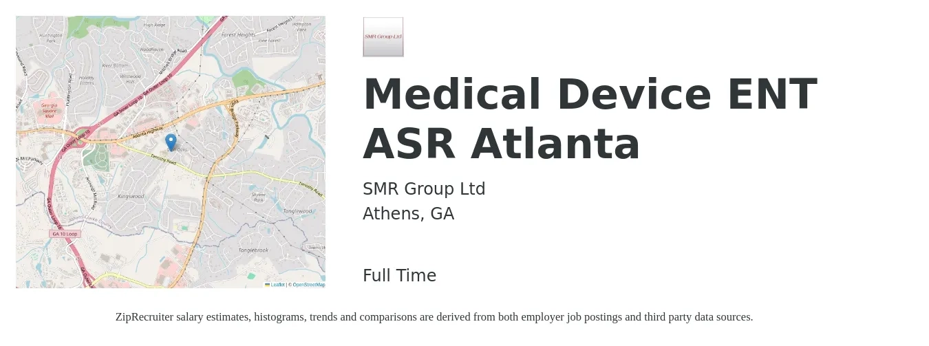 SMR Group Ltd job posting for a Medical Device ENT ASR Atlanta in Athens, GA with a salary of $53,100 Yearly with a map of Athens location.