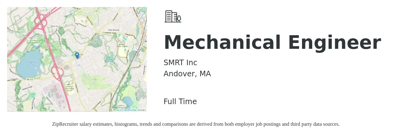 SMRT Inc job posting for a Mechanical Engineer in Andover, MA with a salary of $82,400 to $127,900 Yearly with a map of Andover location.