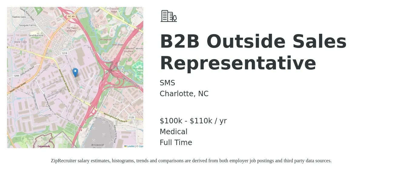SMS job posting for a B2B Outside Sales Representative in Charlotte, NC with a salary of $100,000 to $110,000 Yearly and benefits including medical, and retirement with a map of Charlotte location.