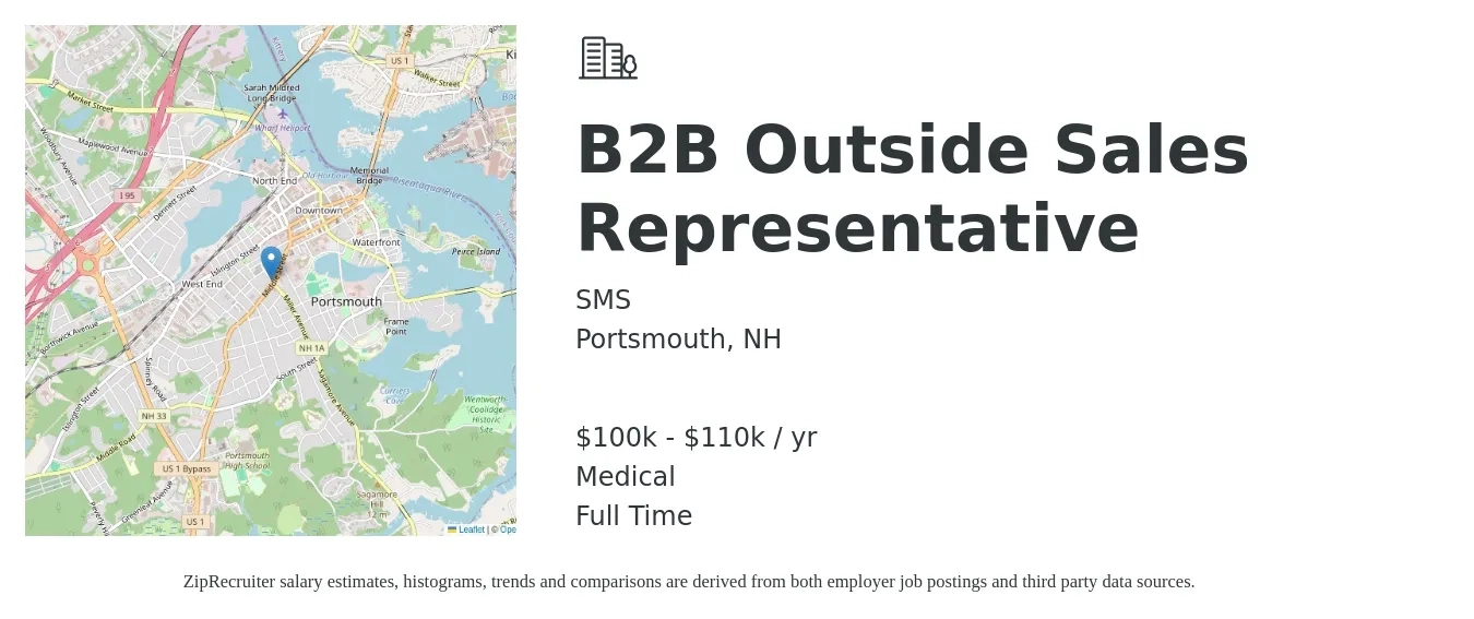SMS job posting for a B2B Outside Sales Representative in Portsmouth, NH with a salary of $100,000 to $110,000 Yearly and benefits including retirement, and medical with a map of Portsmouth location.