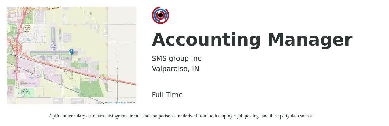 SMS group Inc job posting for a Accounting Manager in Valparaiso, IN with a salary of $66,400 to $95,400 Yearly with a map of Valparaiso location.