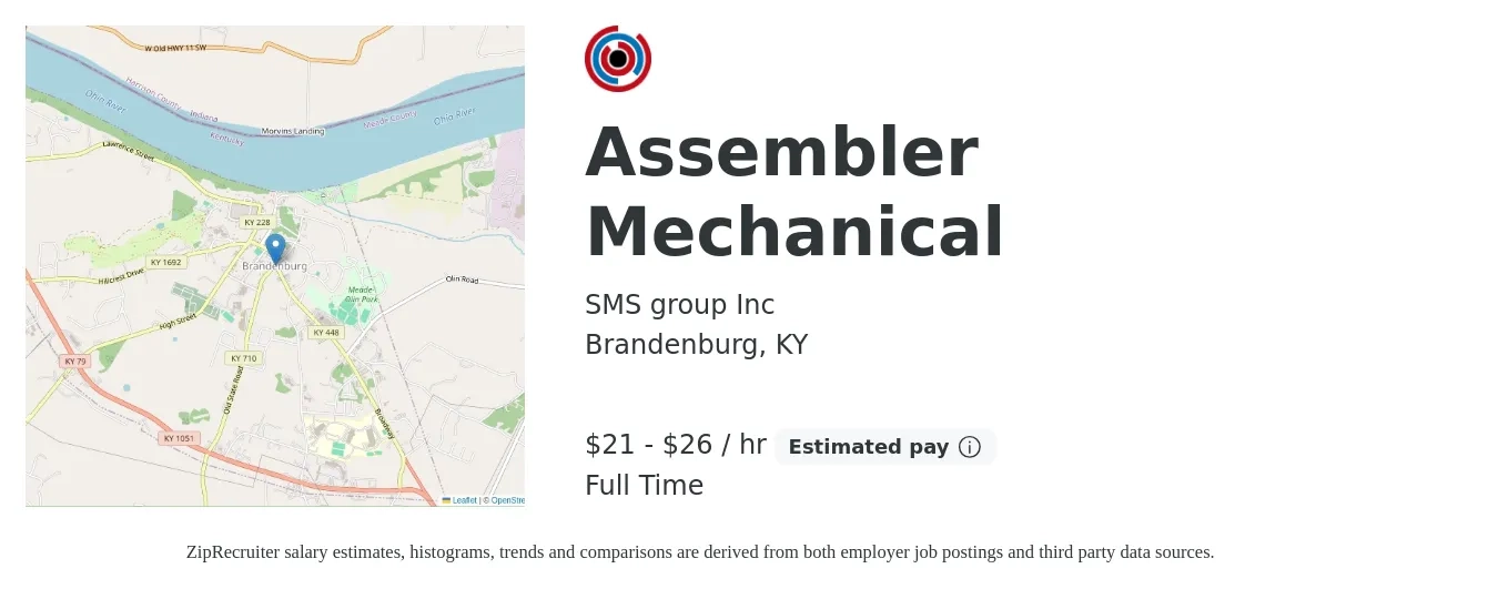 SMS group Inc job posting for a Assembler Mechanical in Brandenburg, KY with a salary of $22 to $28 Hourly with a map of Brandenburg location.