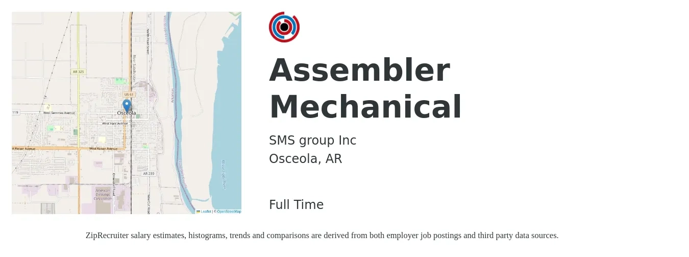 SMS group Inc job posting for a Assembler Mechanical in Osceola, AR with a salary of $16 to $19 Hourly with a map of Osceola location.