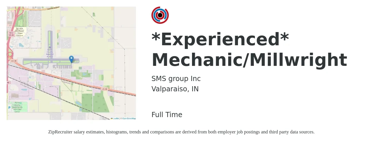 SMS group Inc job posting for a *Experienced* Mechanic/Millwright in Valparaiso, IN with a salary of $22 to $28 Hourly with a map of Valparaiso location.