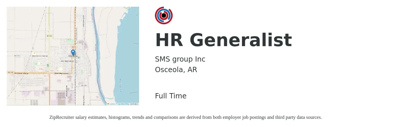 SMS group Inc job posting for a HR Generalist in Osceola, AR with a salary of $44,500 to $63,400 Yearly with a map of Osceola location.