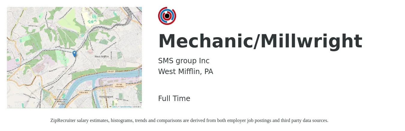 SMS group Inc job posting for a Mechanic/Millwright in West Mifflin, PA with a salary of $24 to $31 Hourly with a map of West Mifflin location.