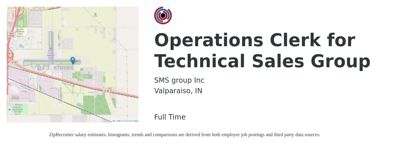SMS group Inc job posting for a Operations Clerk for Technical Sales Group in Valparaiso, IN with a salary of $16 to $20 Hourly with a map of Valparaiso location.