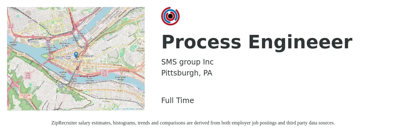SMS group Inc job posting for a Process Engineeer in Pittsburgh, PA with a salary of $72,300 to $100,000 Yearly with a map of Pittsburgh location.