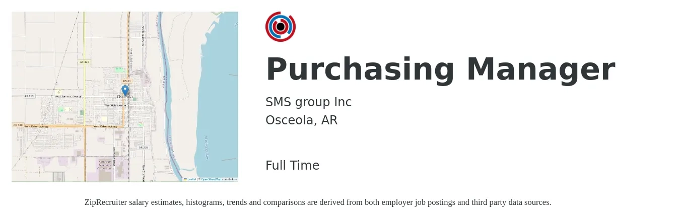 SMS group Inc job posting for a Purchasing Manager in Osceola, AR with a salary of $55,700 to $85,600 Yearly with a map of Osceola location.
