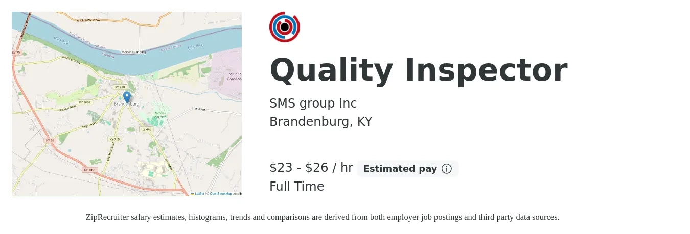 SMS group Inc job posting for a Quality Inspector in Brandenburg, KY with a salary of $24 to $28 Hourly with a map of Brandenburg location.