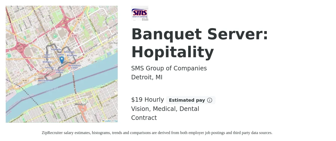 SMS Group of Companies job posting for a Banquet Server: Hopitality in Detroit, MI with a salary of $20 Hourly and benefits including medical, vision, and dental with a map of Detroit location.