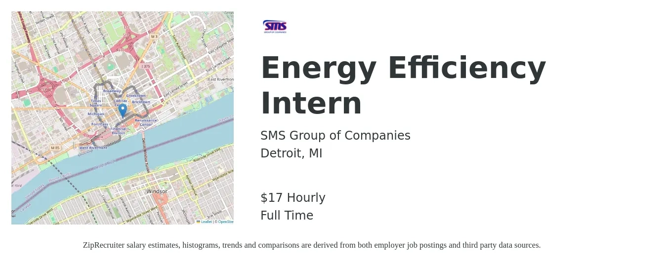 SMS Group of Companies job posting for a Energy Efficiency Intern in Detroit, MI with a salary of $18 Hourly with a map of Detroit location.