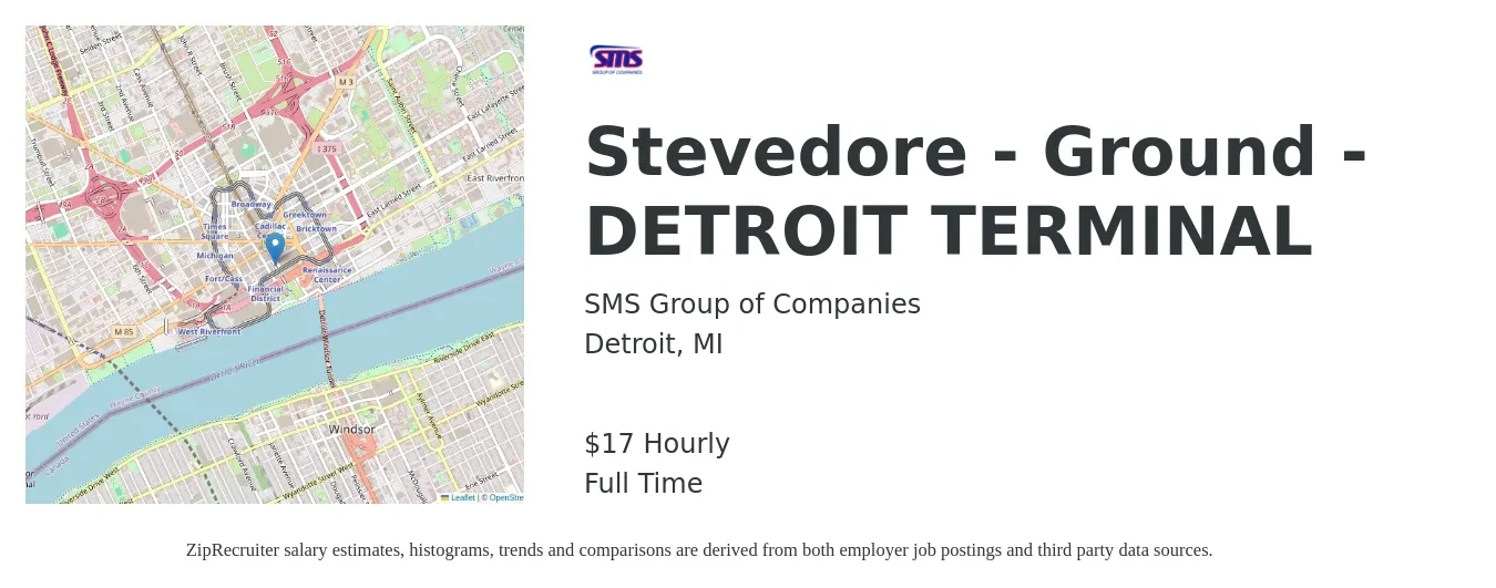 SMS Group of Companies job posting for a Stevedore - Ground - DETROIT TERMINAL in Detroit, MI with a salary of $18 Hourly with a map of Detroit location.