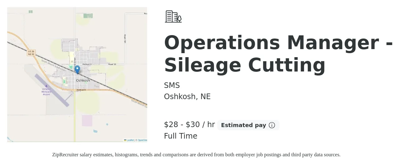 SMS job posting for a Operations Manager - Sileage Cutting in Oshkosh, NE with a salary of $30 to $32 Hourly with a map of Oshkosh location.