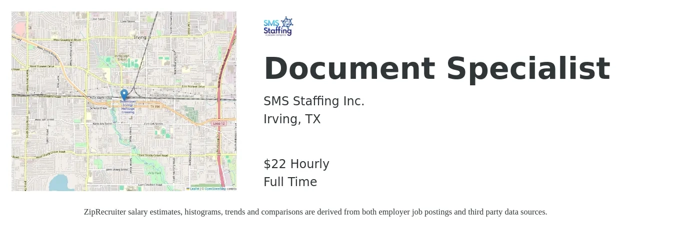 SMS Staffing Inc. job posting for a Document Specialist in Irving, TX with a salary of $23 Hourly with a map of Irving location.