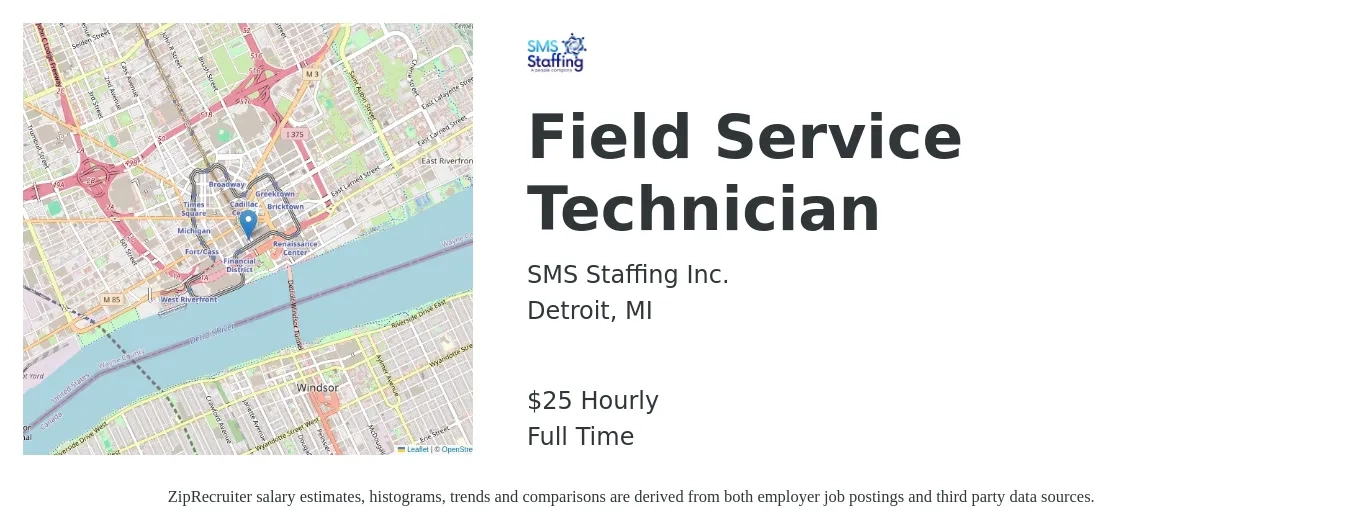 SMS Staffing Inc. job posting for a Field Service Technician in Detroit, MI with a salary of $26 Hourly with a map of Detroit location.