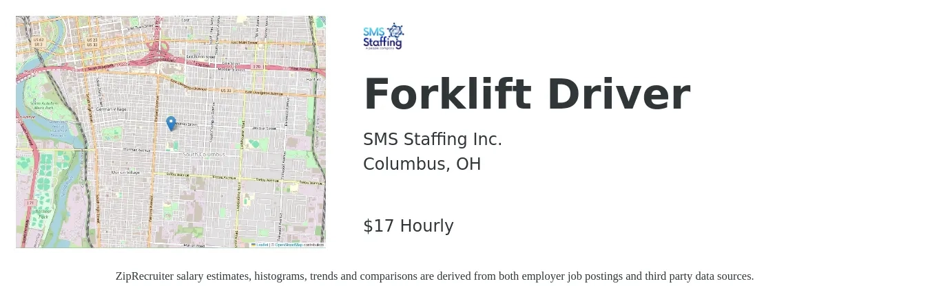 SMS Staffing Inc. job posting for a Forklift Driver in Columbus, OH with a salary of $18 to $18 Hourly with a map of Columbus location.