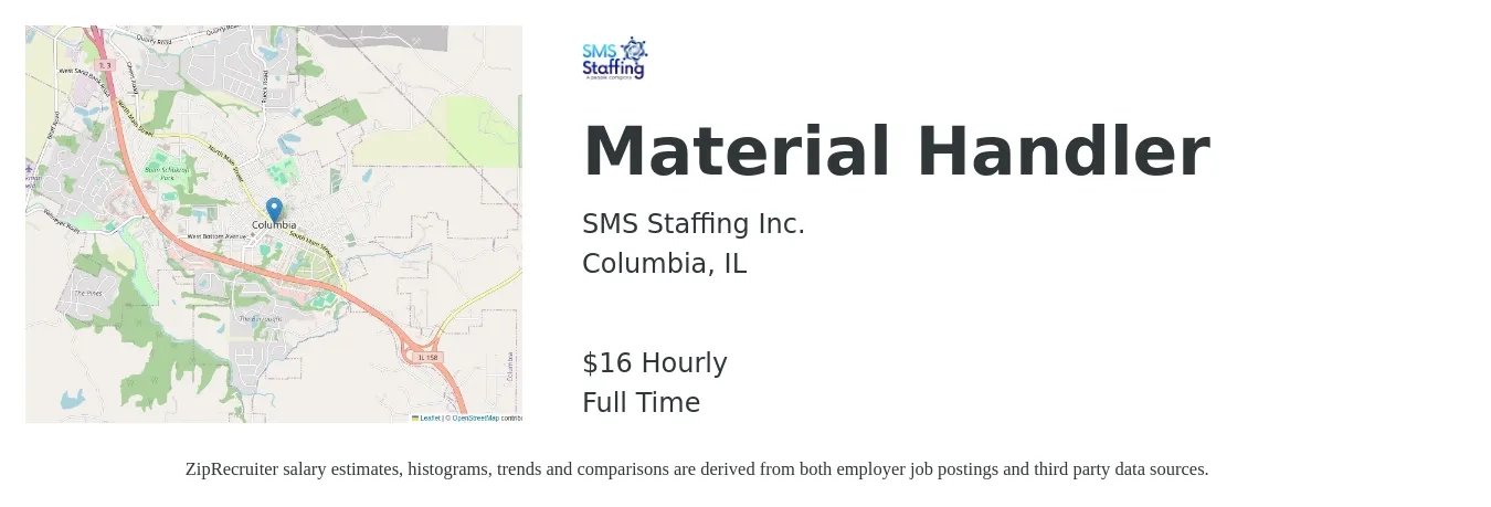 SMS Staffing Inc. job posting for a Material Handler in Columbia, IL with a salary of $17 Hourly with a map of Columbia location.