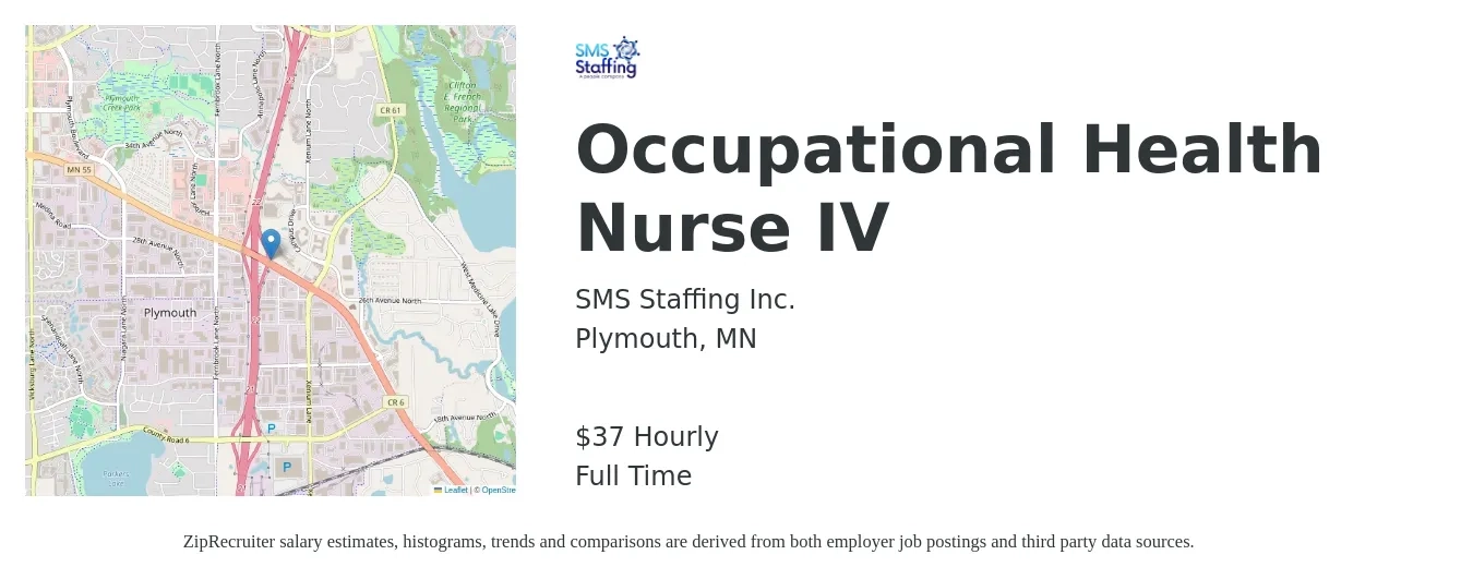 SMS Staffing Inc. job posting for a Occupational Health Nurse IV in Plymouth, MN with a salary of $39 Hourly with a map of Plymouth location.