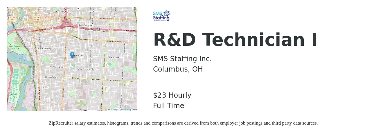 SMS Staffing Inc. job posting for a R&D Technician I in Columbus, OH with a salary of $24 Hourly with a map of Columbus location.