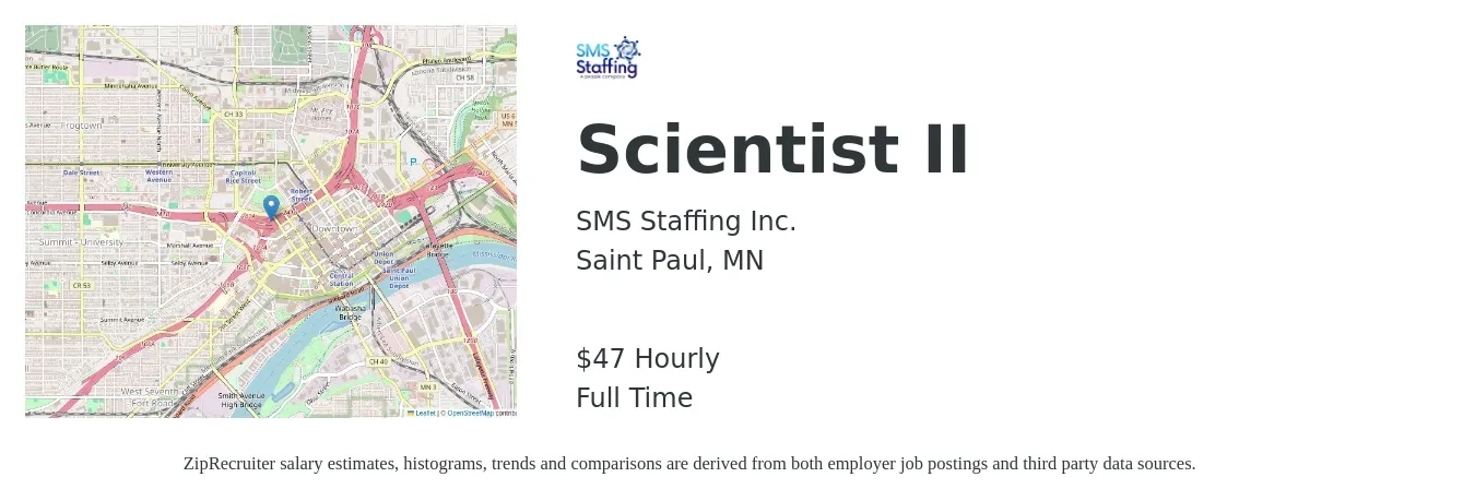 SMS Staffing Inc. job posting for a Scientist II in Saint Paul, MN with a salary of $49 Hourly with a map of Saint Paul location.