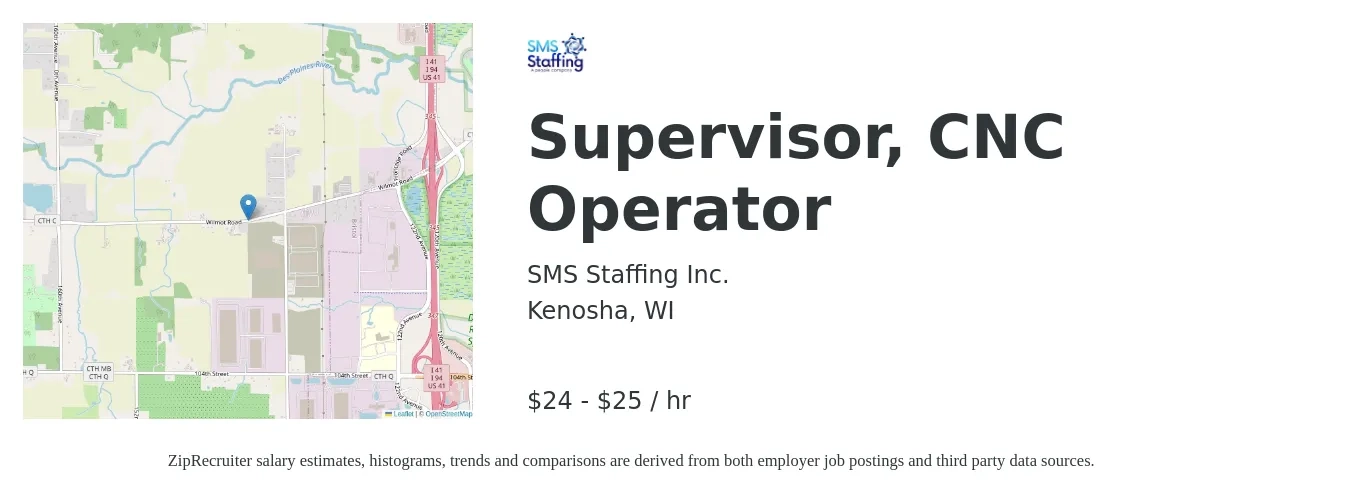 SMS Staffing Inc. job posting for a Supervisor, CNC Operator in Kenosha, WI with a salary of $25 to $27 Hourly with a map of Kenosha location.