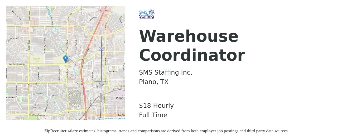 SMS Staffing Inc. job posting for a Warehouse Coordinator in Plano, TX with a salary of $19 Hourly with a map of Plano location.
