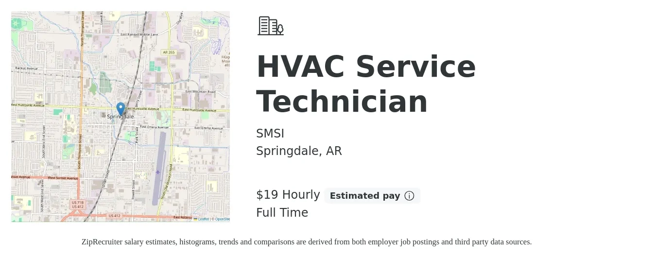 SMSI job posting for a Hvac Service Technician in Springdale, AR with a salary of $20 Hourly with a map of Springdale location.