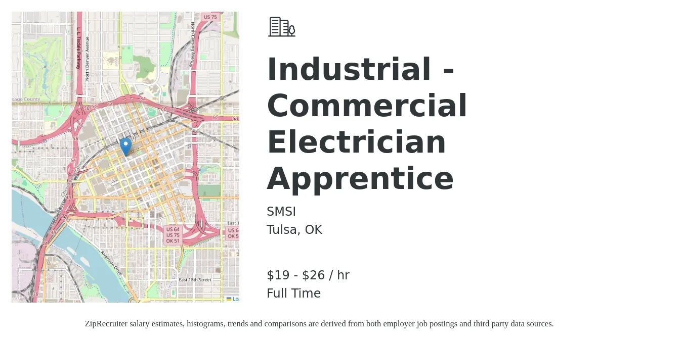 SMSI job posting for a Industrial - Commercial Electrician Apprentice in Tulsa, OK with a salary of $20 to $28 Hourly with a map of Tulsa location.