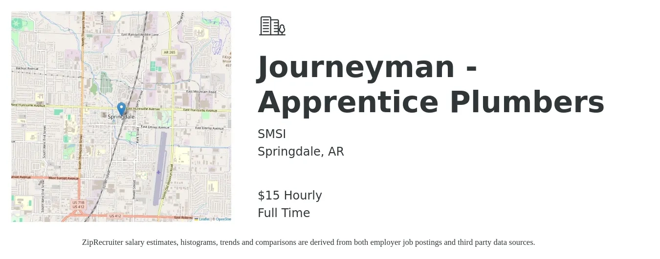 SMSI job posting for a Journeyman - Apprentice Plumbers in Springdale, AR with a salary of $16 Hourly with a map of Springdale location.