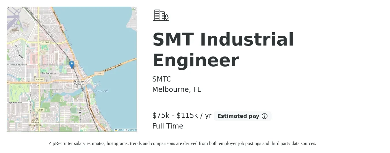 SMTC job posting for a SMT Industrial Engineer in Melbourne, FL with a salary of $75,000 to $115,000 Yearly with a map of Melbourne location.