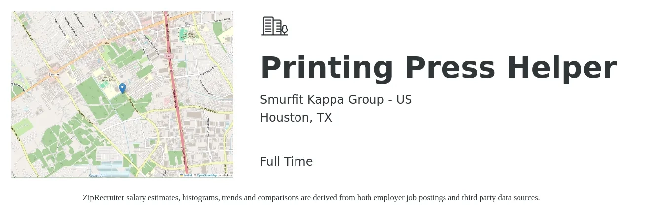 Smurfit Kappa Group - US job posting for a Printing Press Helper in Houston, TX with a salary of $13 to $16 Hourly with a map of Houston location.