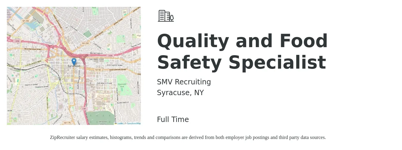 SMV Recruiting job posting for a Quality and Food Safety Specialist in Syracuse, NY with a salary of $50,000 to $72,300 Yearly with a map of Syracuse location.
