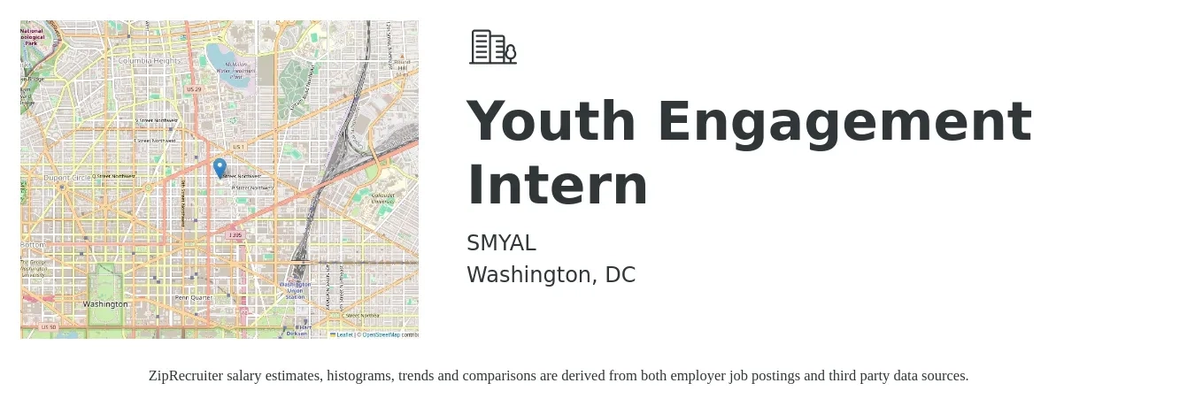 SMYAL job posting for a Youth Engagement Intern in Washington, DC with a salary of $19 Hourly with a map of Washington location.